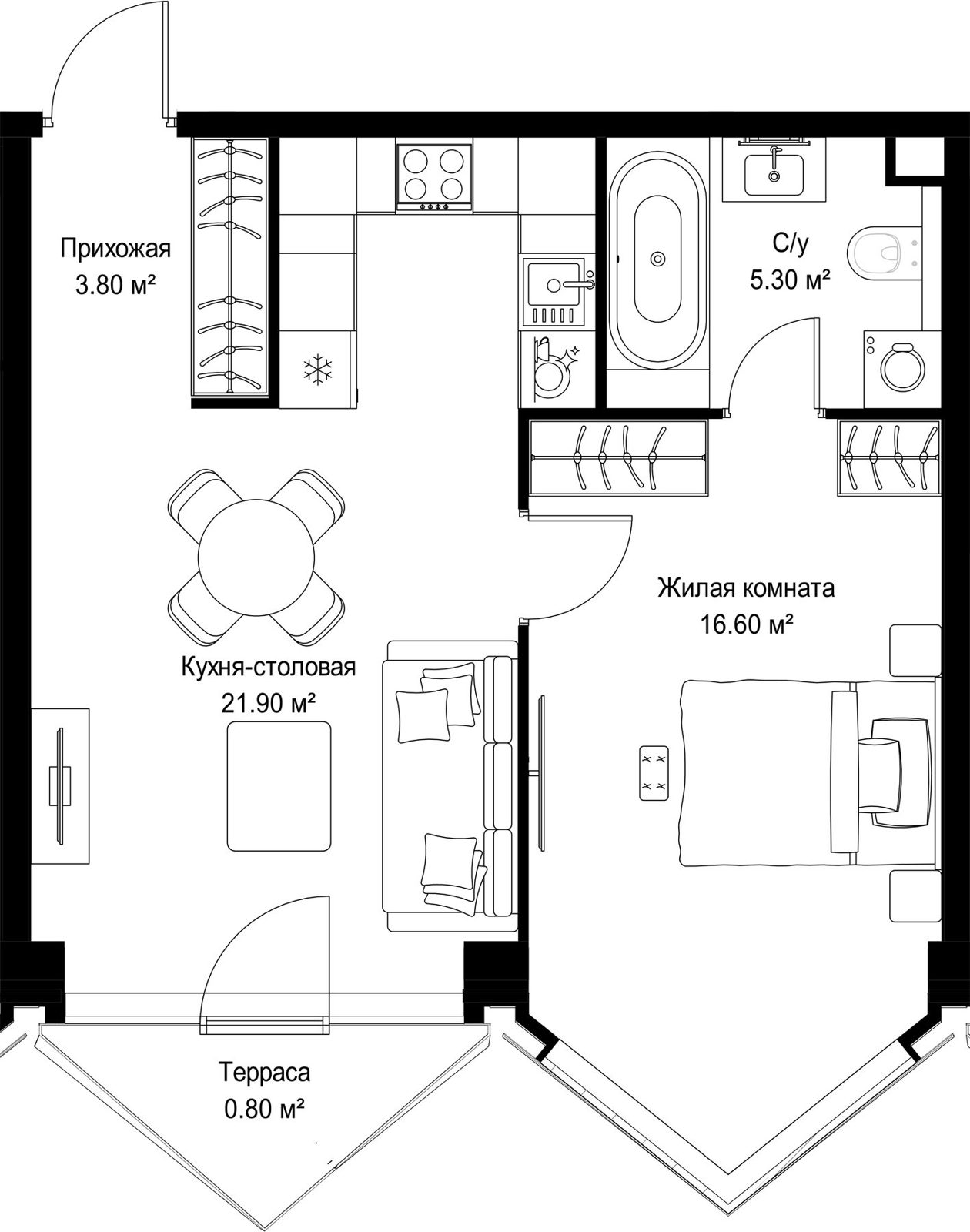 1-комнатная квартира, 48,4 м²