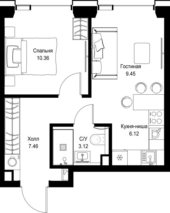 1-комнатная квартира, 36,5 м²