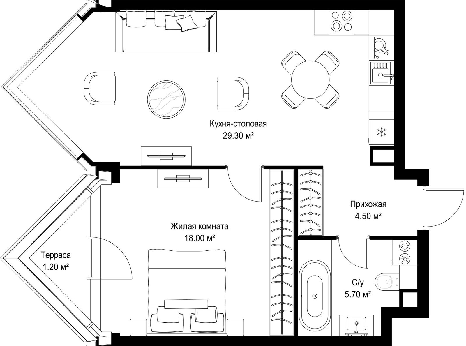 1-комнатная квартира, 58,7 м²