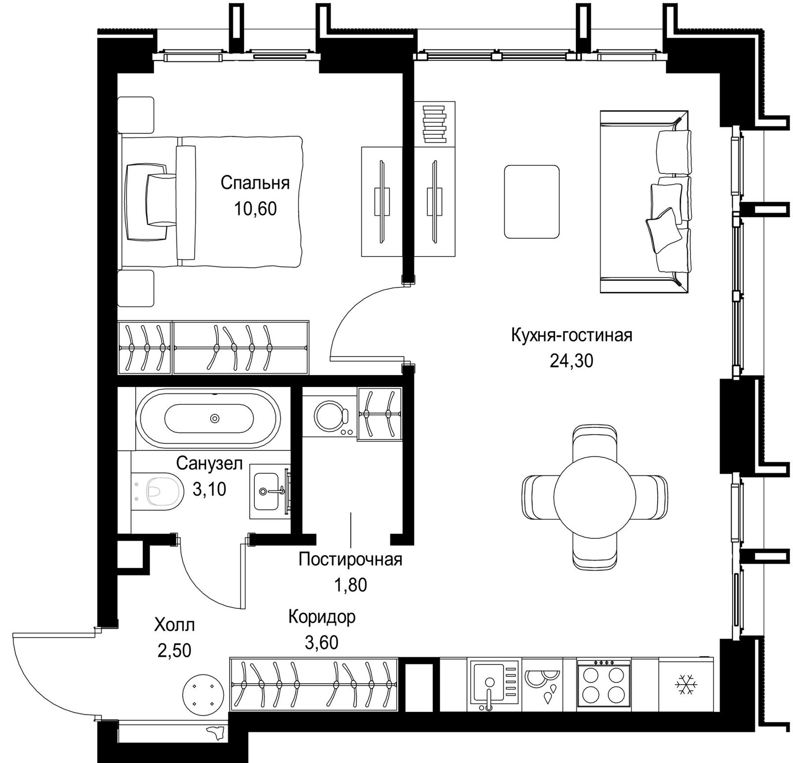 1-комнатная квартира, 45,9 м²