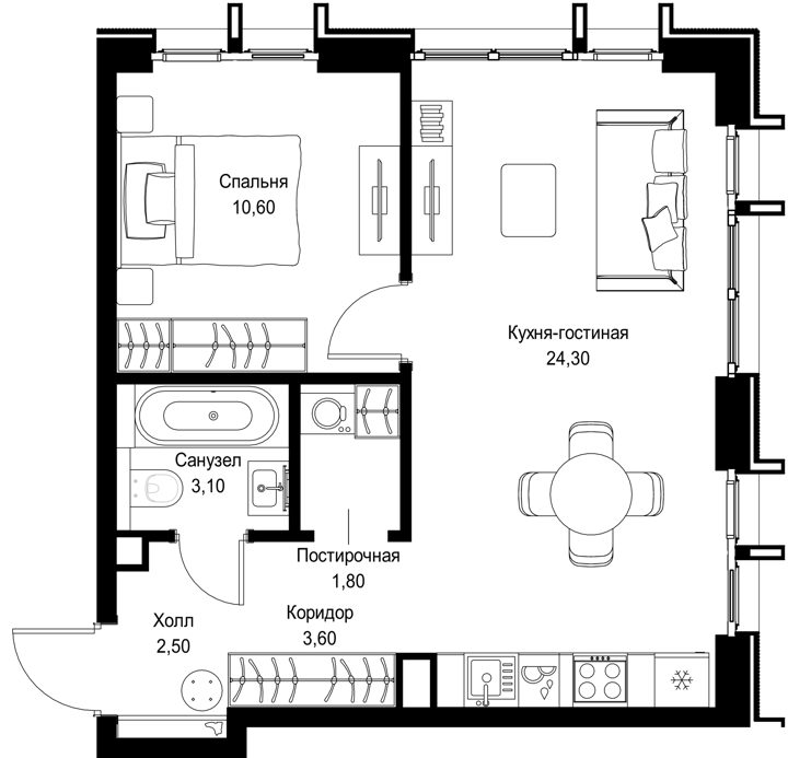 1-комнатная квартира, 45,9 м² — фото 1
