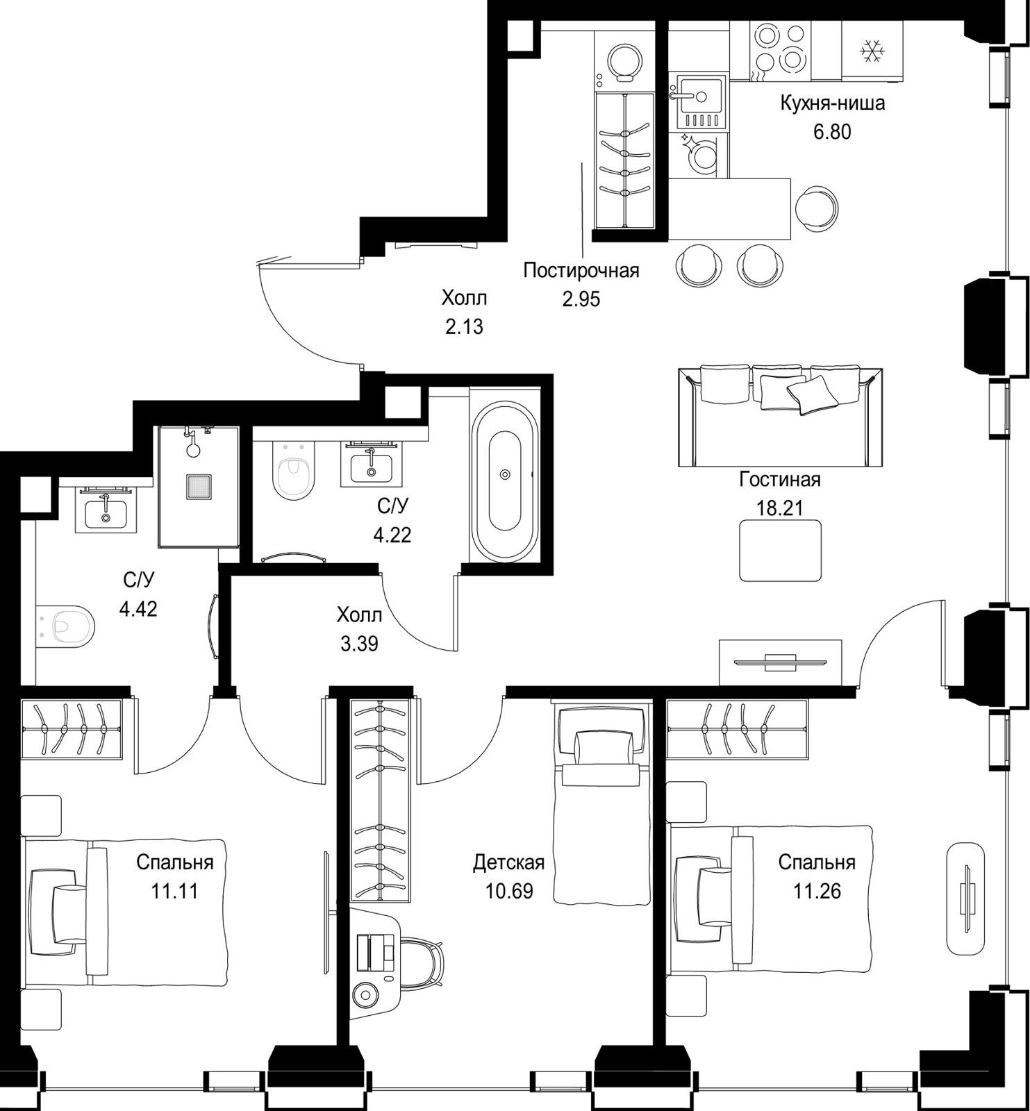 3-комнатная квартира, 75,2 м²