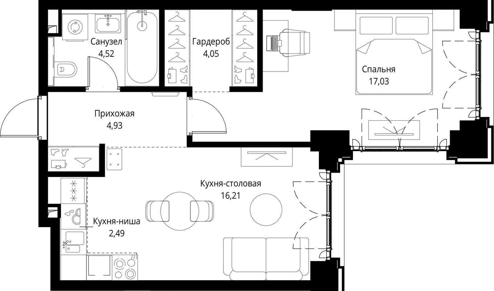 1-комнатная квартира, 49,2 м²