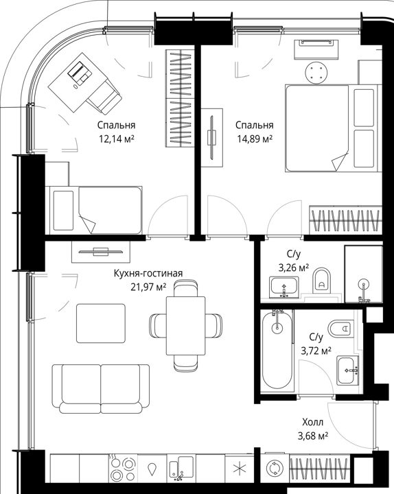 2-комнатная квартира, 59,7 м² — фото 1