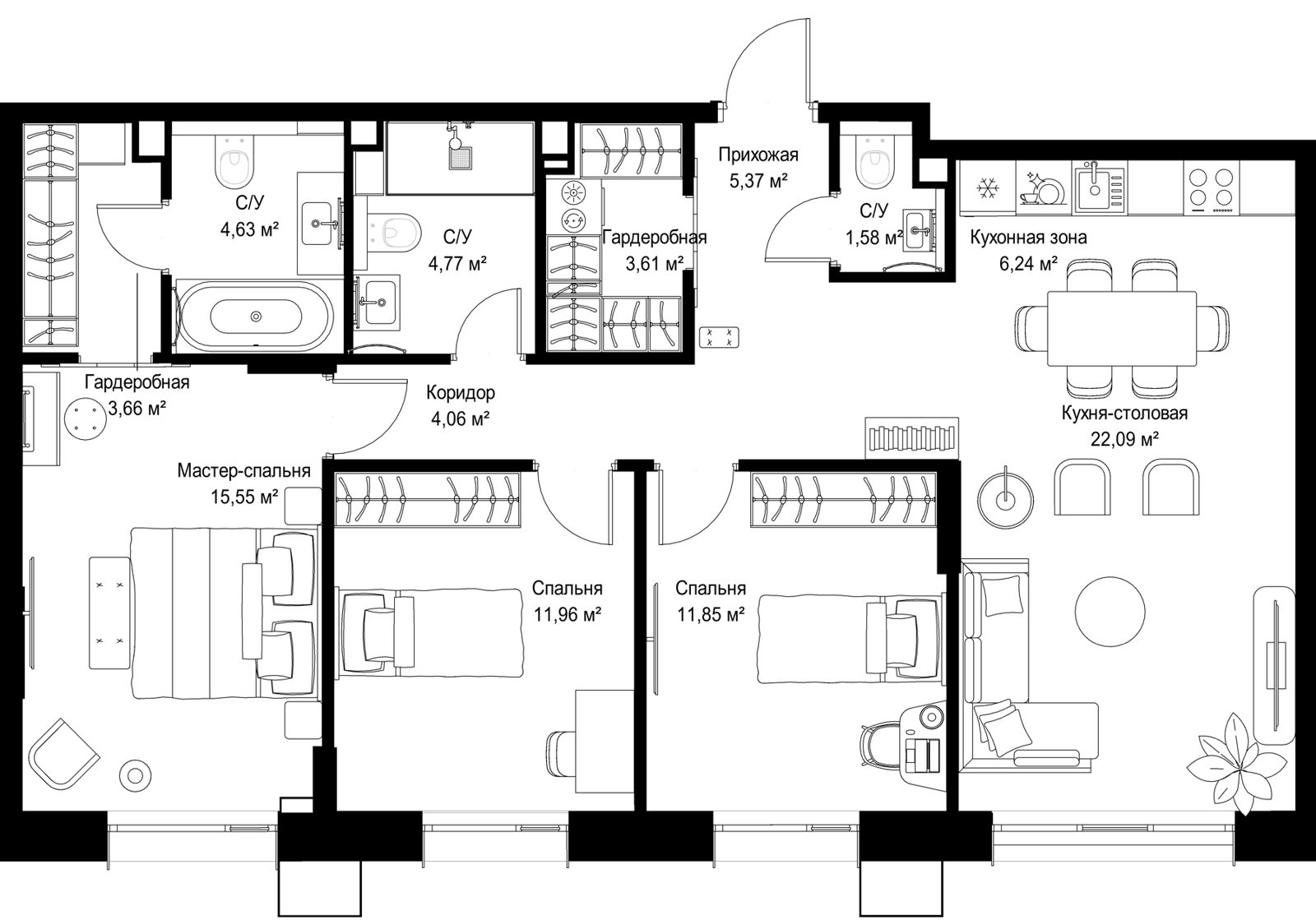 3-комнатная квартира, 95,4 м²