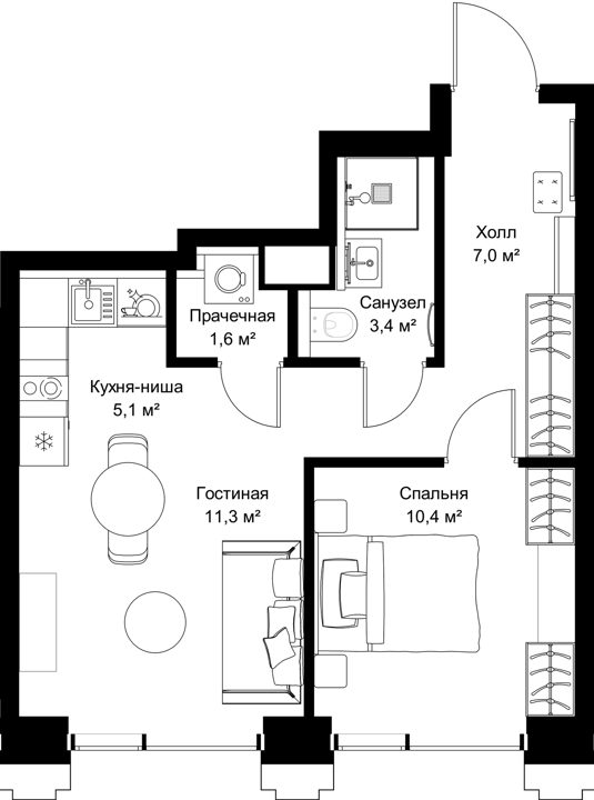1-комнатная квартира, 42 м²