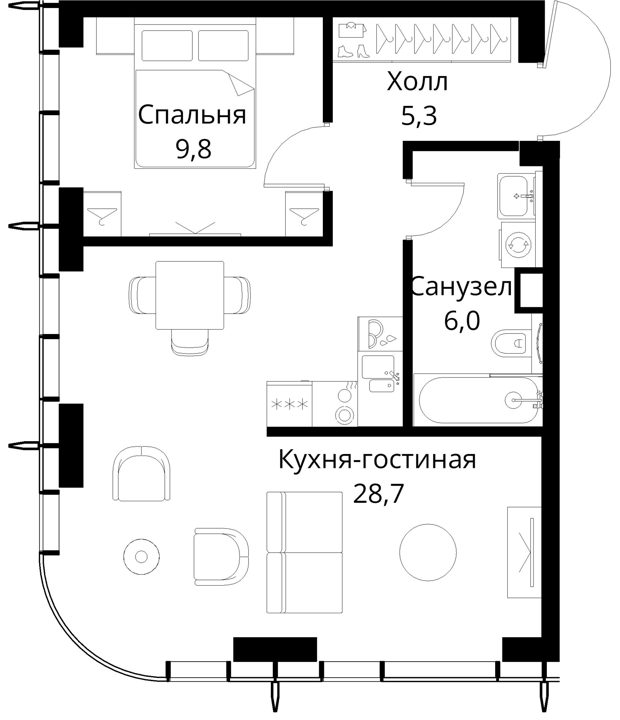 1-комнатная квартира, 49,8 м² — фото 1