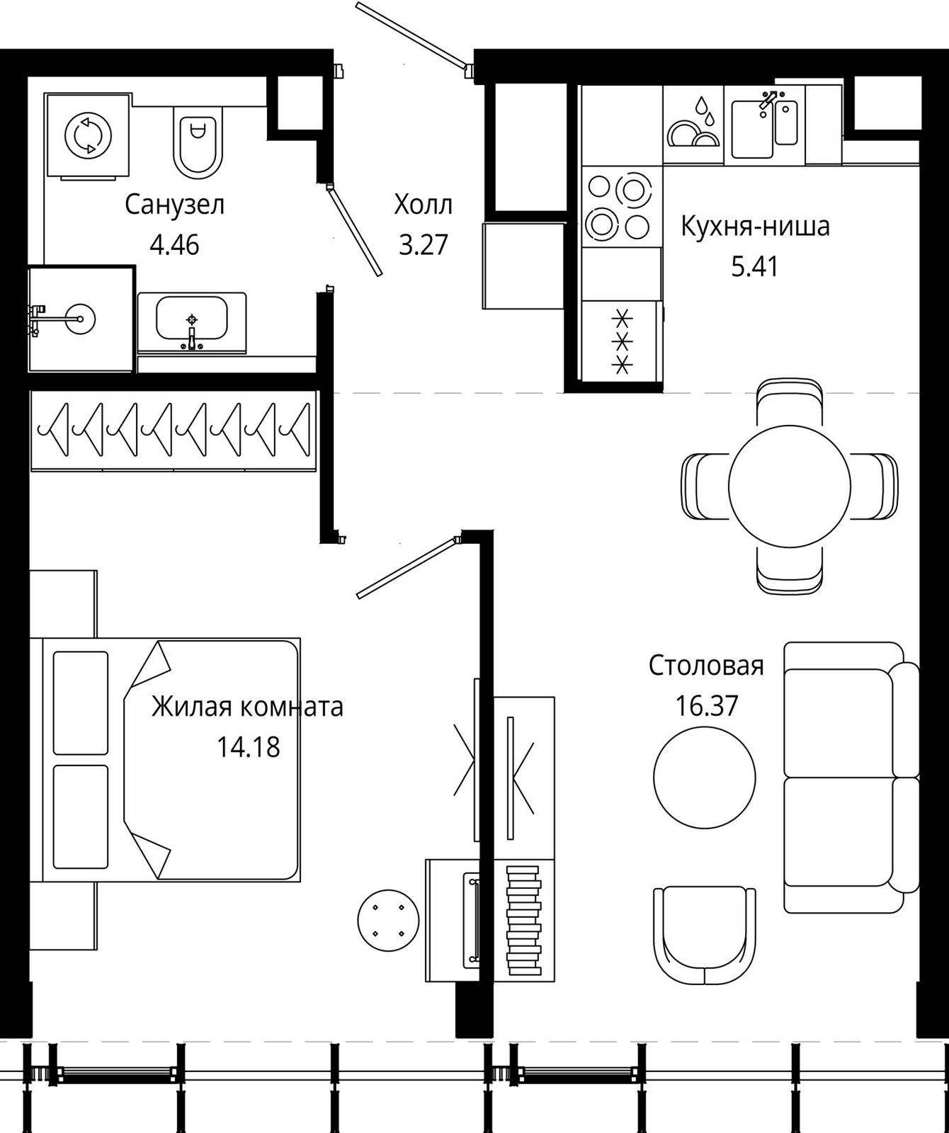 1-комнатная квартира, 44,1 м²