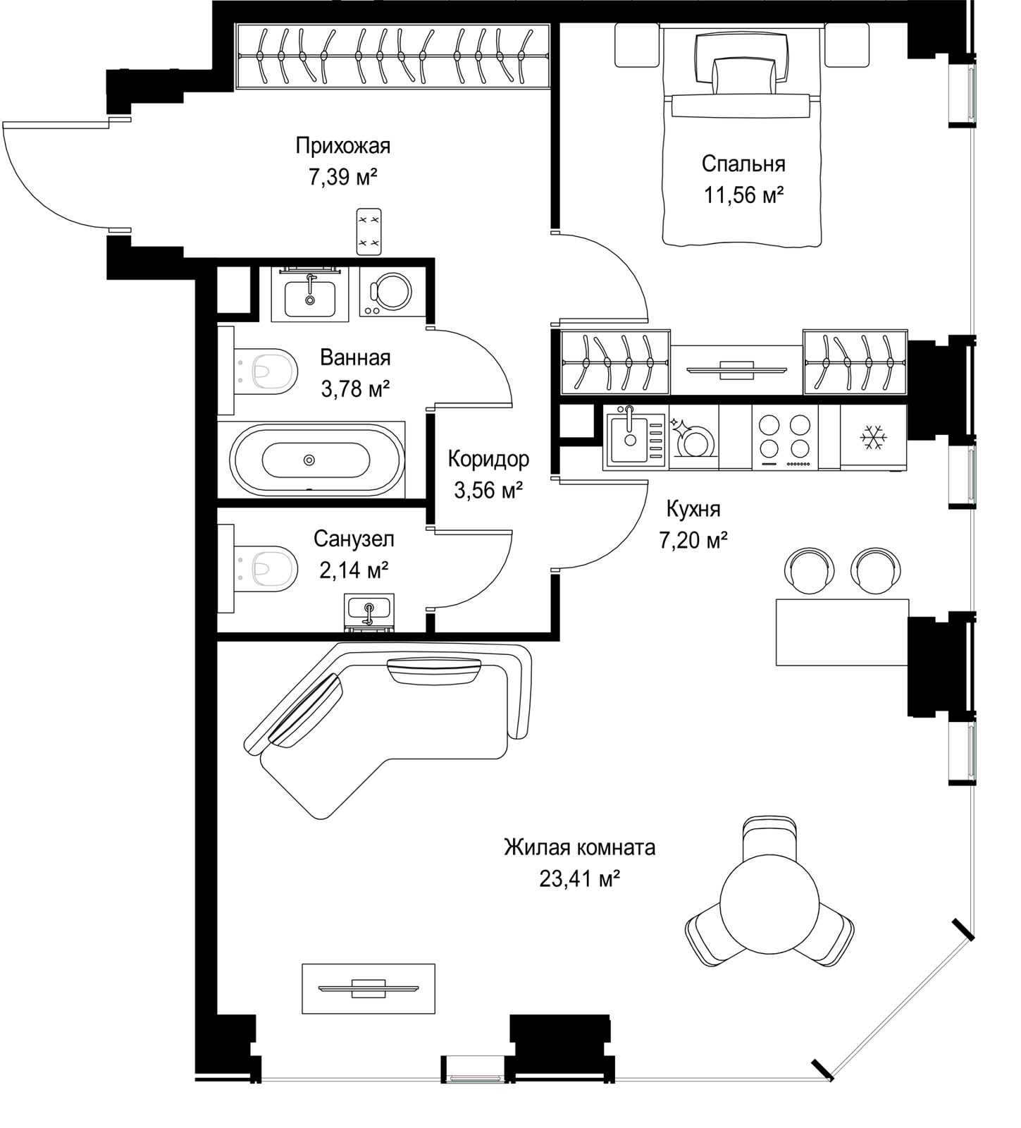 2-комнатная квартира, 59 м²