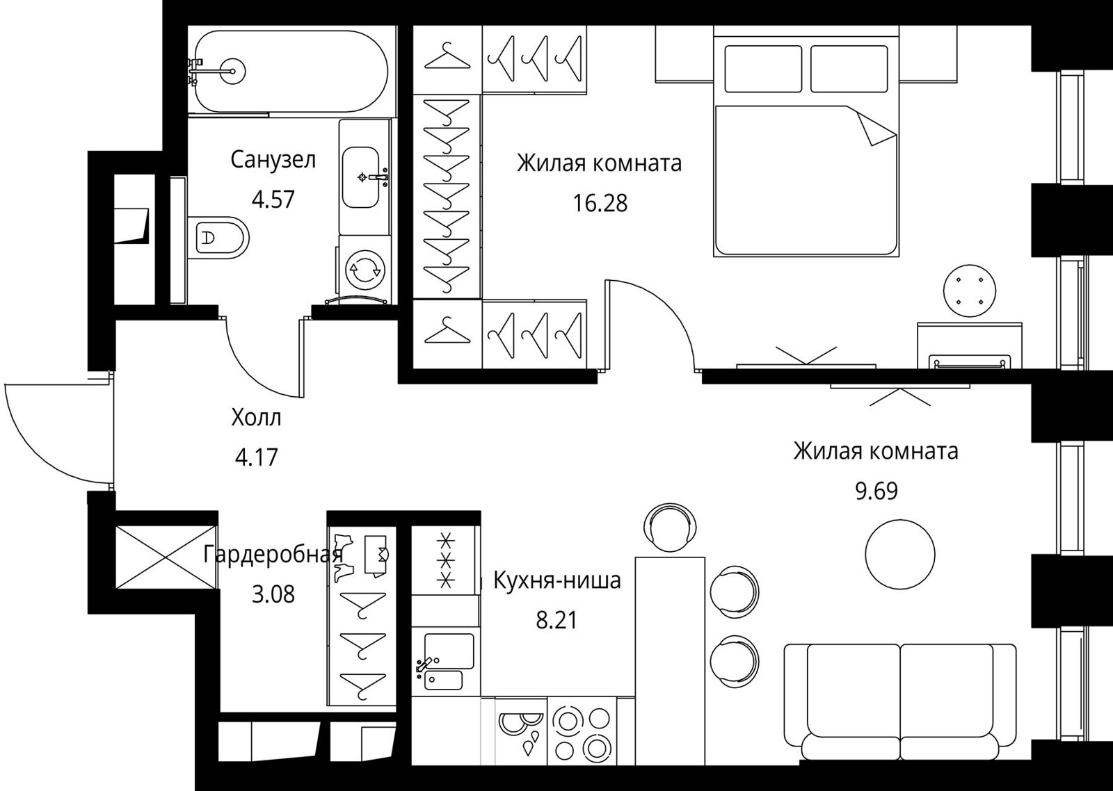 1-комнатная квартира, 46 м²