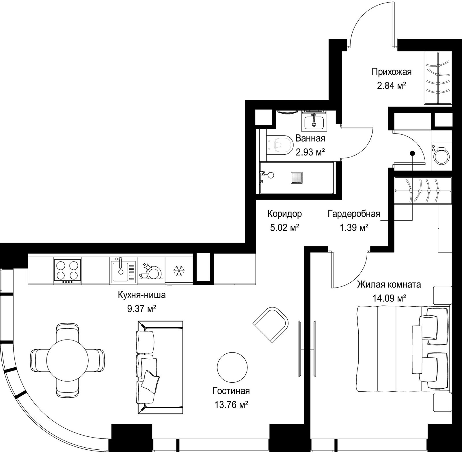 1-комнатная квартира, 49,4 м²