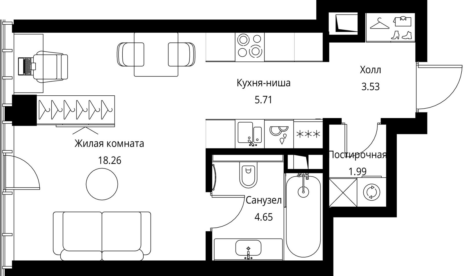 Квартира-студия, 34,1 м²