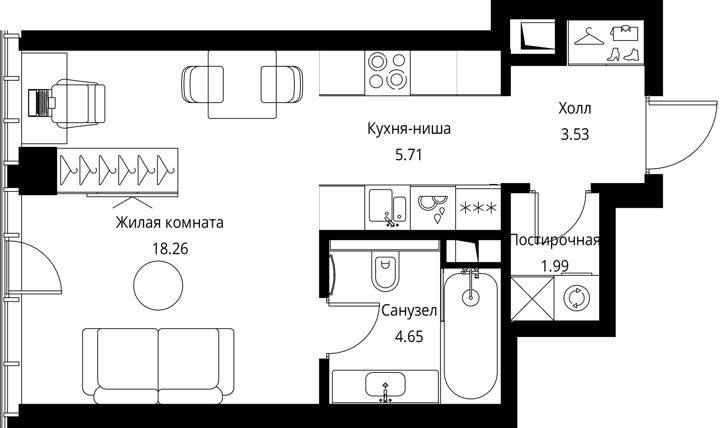 Квартира-студия, 34,1 м² — фото 1