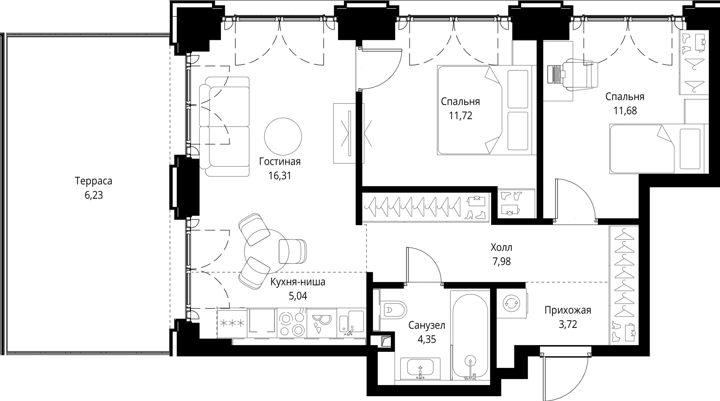 2-комнатная квартира, 67 м² — фото 1