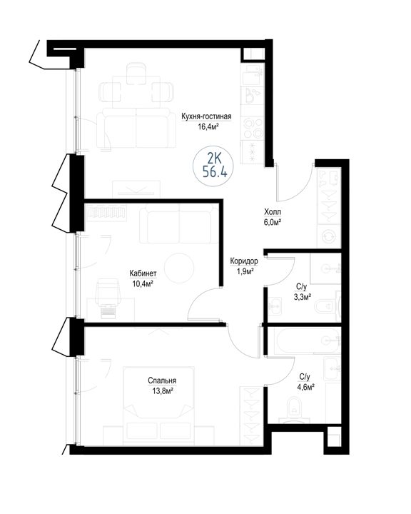 2-комнатная квартира, 55,8 м² — фото 1