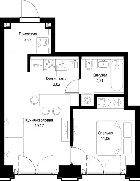 1-комнатная квартира, 40,6 м² — фото 1