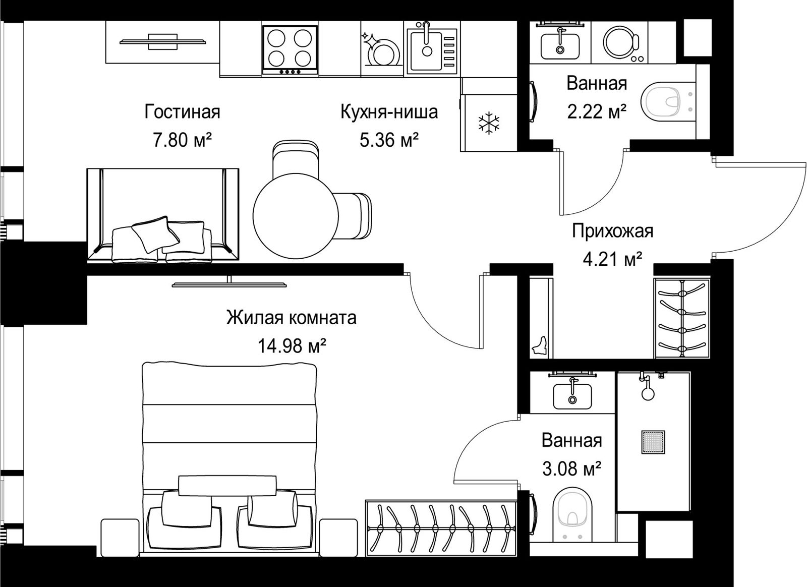 1-комнатная квартира, 37,6 м²