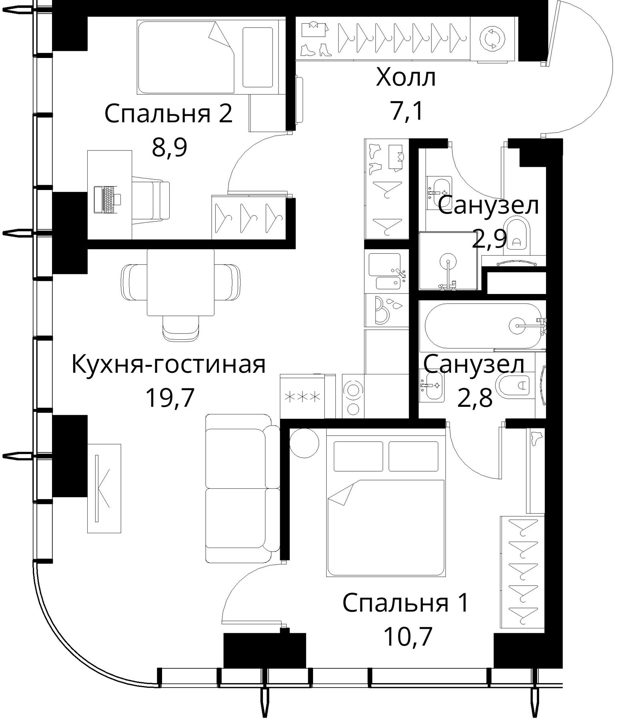 2-комнатная квартира, 52,1 м² — фото 1