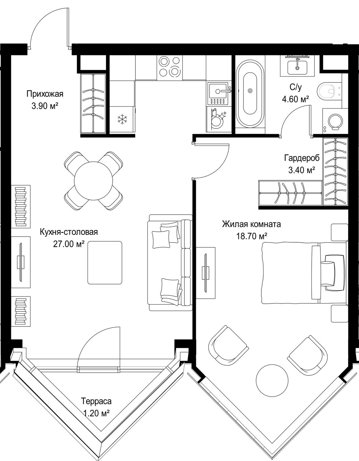 1-комнатная квартира, 58,8 м²