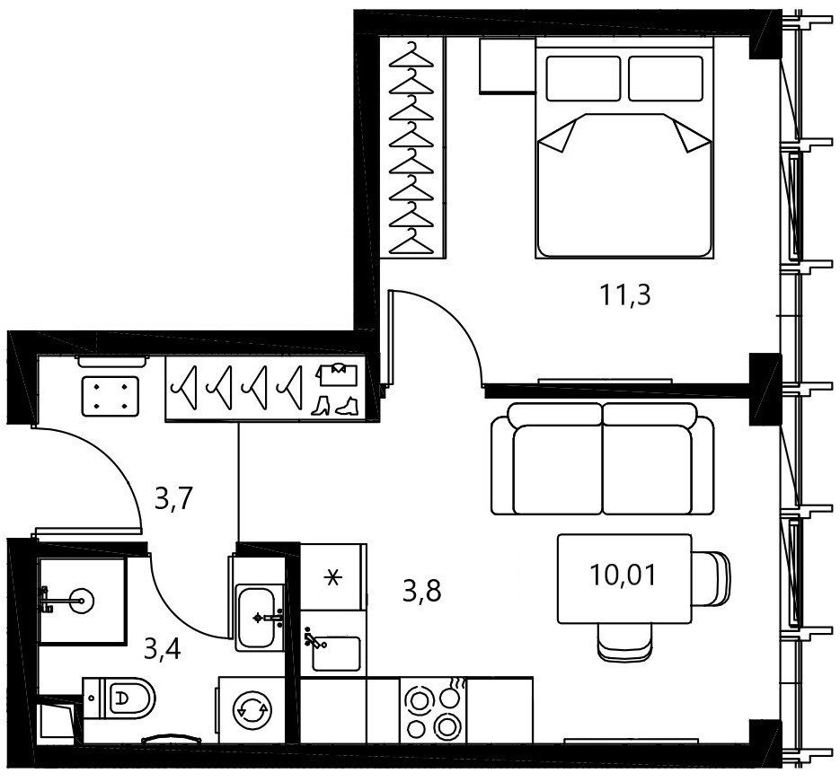 1-комнатная квартира, 32,3 м²