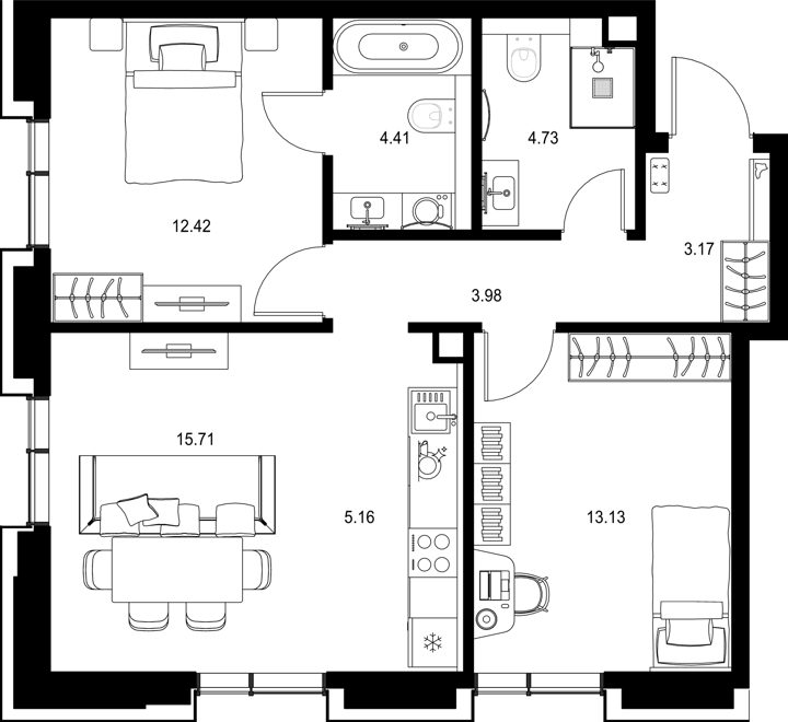 2-комнатная квартира, 62,7 м²