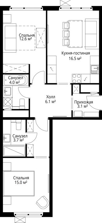 2-комнатная квартира, 61 м² — фото 1