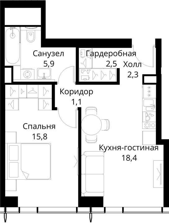 1-комнатная квартира, 46 м² — фото 1