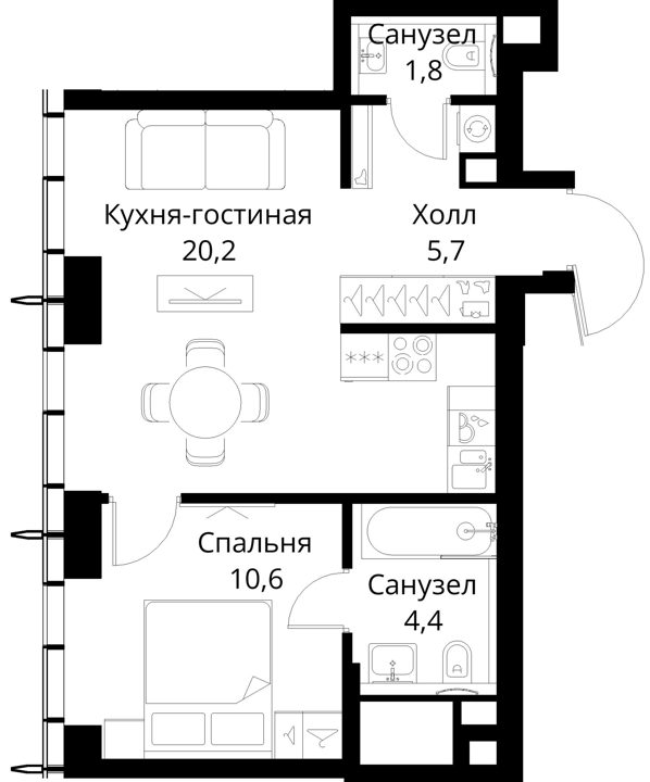 1-комнатная квартира, 42,7 м² — фото 1
