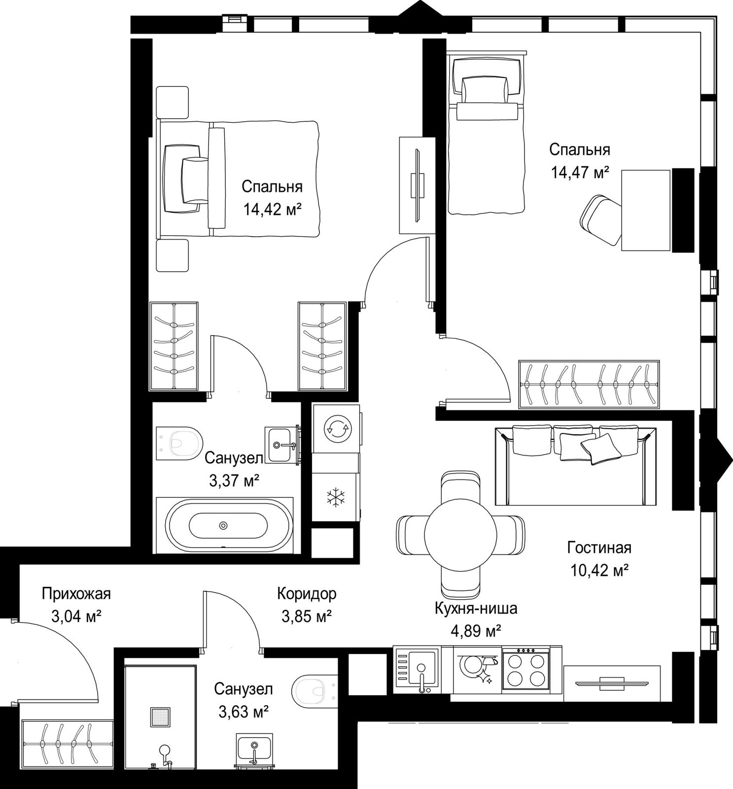 2-комнатная квартира, 58,1 м²