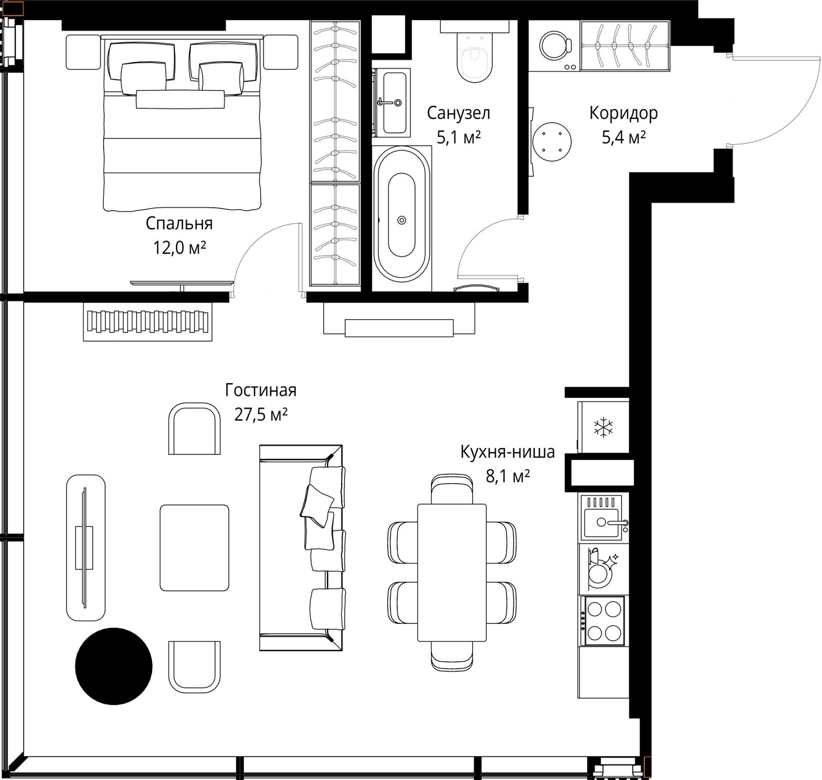 1-комнатная квартира, 58,1 м²