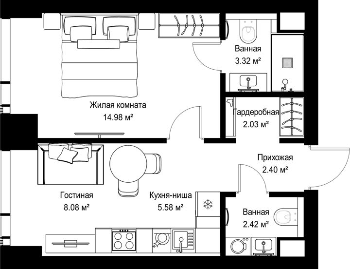 1-комнатная квартира, 38,8 м²