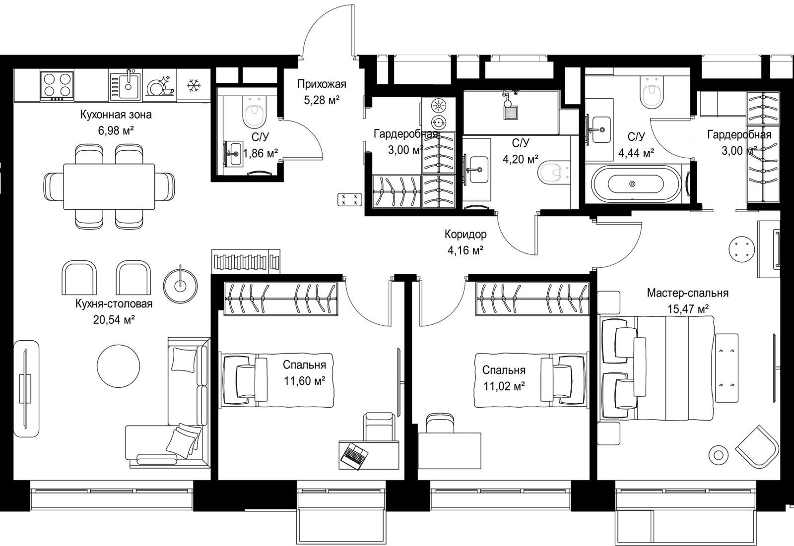 3-комнатная квартира, 91,5 м²