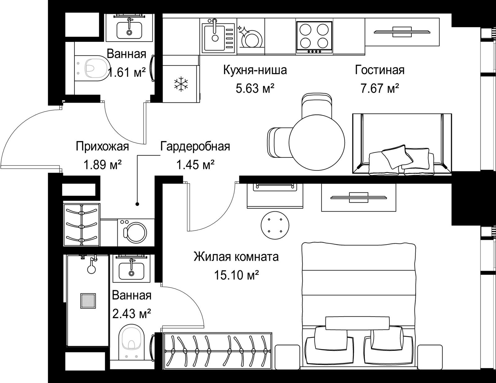 1-комнатная квартира, 35,8 м²