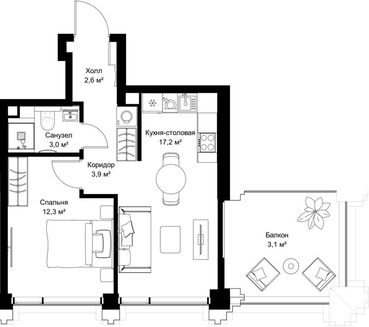 1-комнатная квартира, 42,1 м²