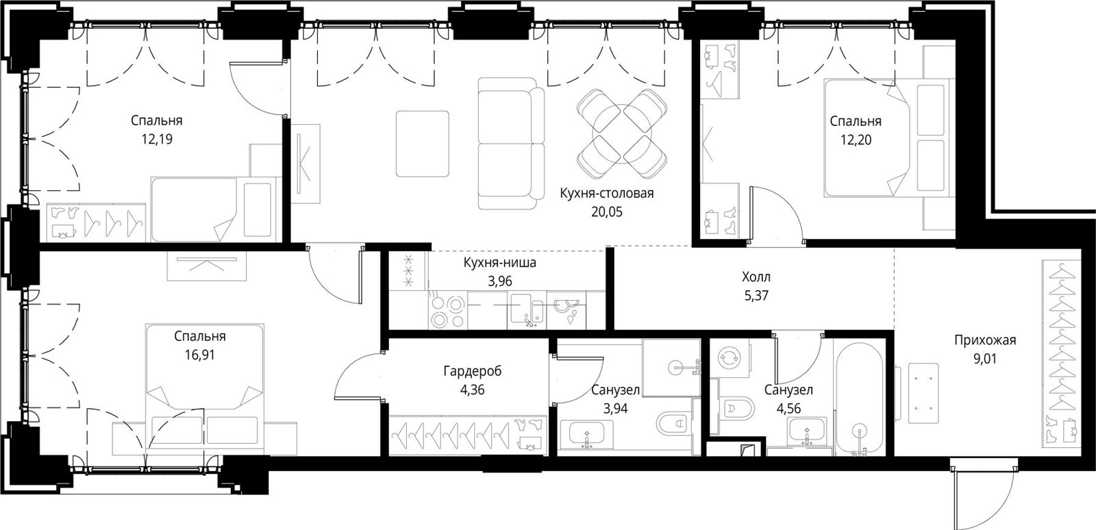 3-комнатная квартира, 92,5 м²