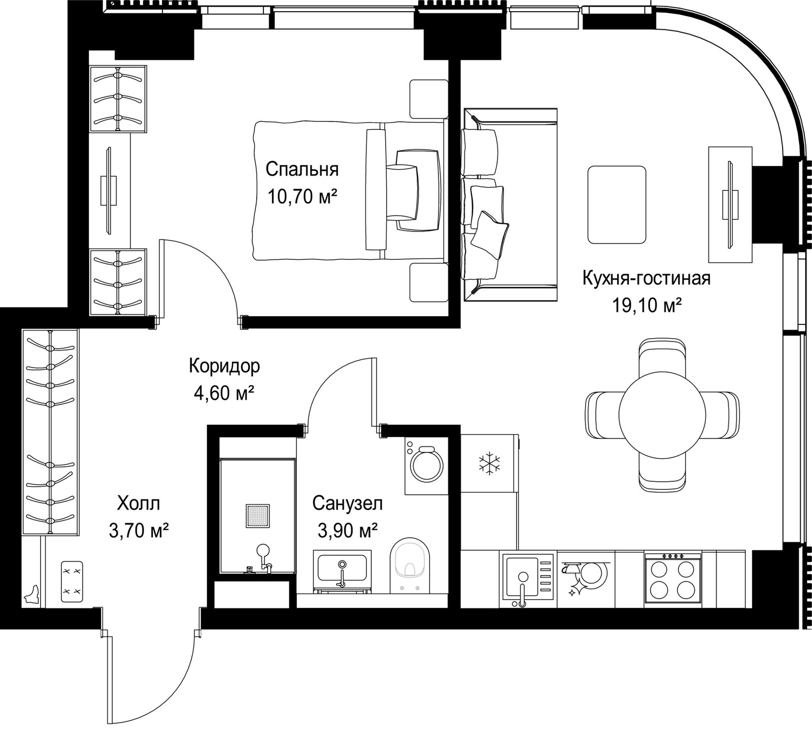 1-комнатная квартира, 42 м²