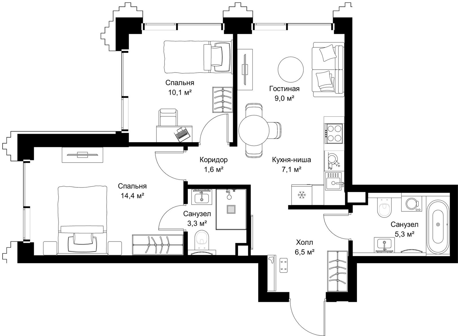 2-комнатная квартира, 57,3 м²