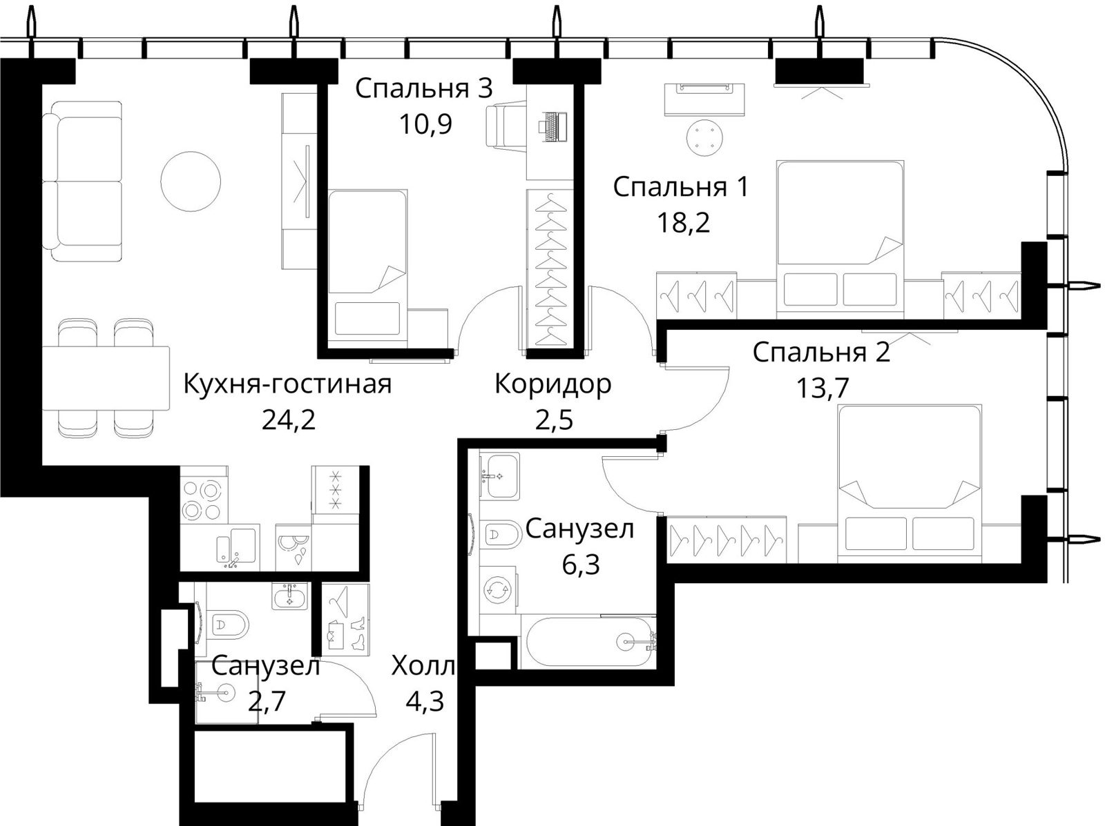 3-комнатная квартира, 82,8 м²
