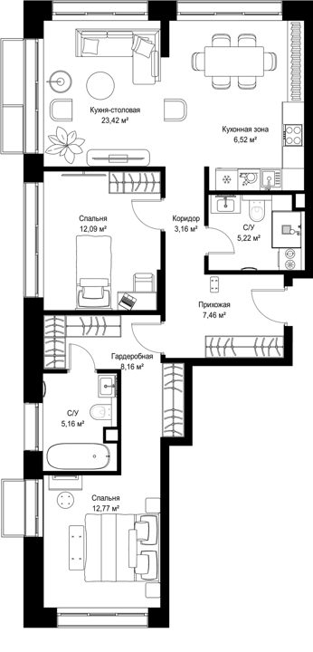 2-комнатная квартира, 84 м² — фото 1