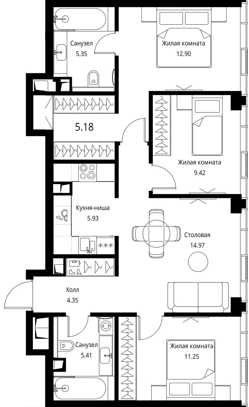 3-комнатная квартира, 76,5 м²
