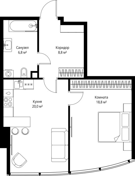 1-комнатная квартира, 54,4 м²