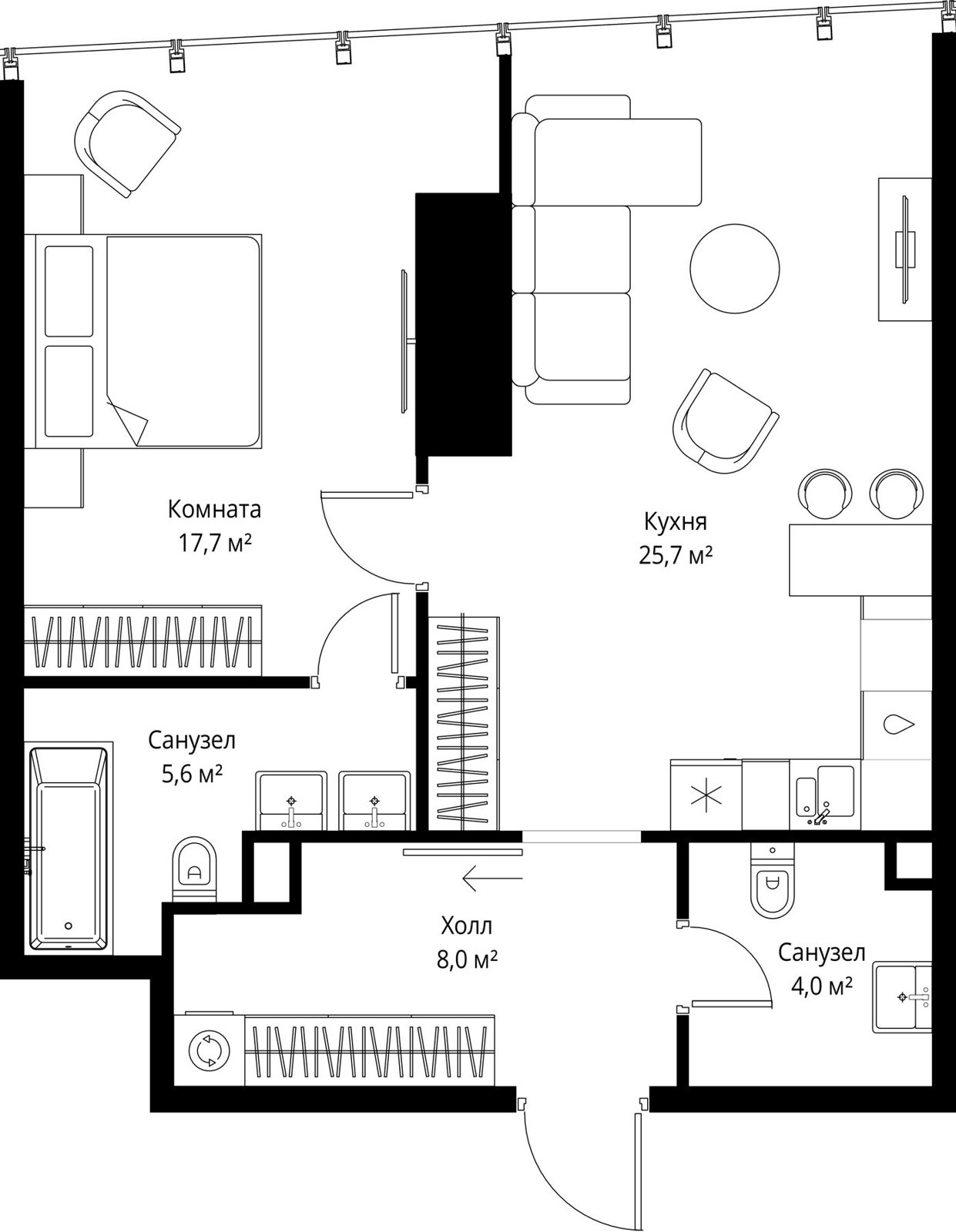 1-комнатная квартира, 61 м²
