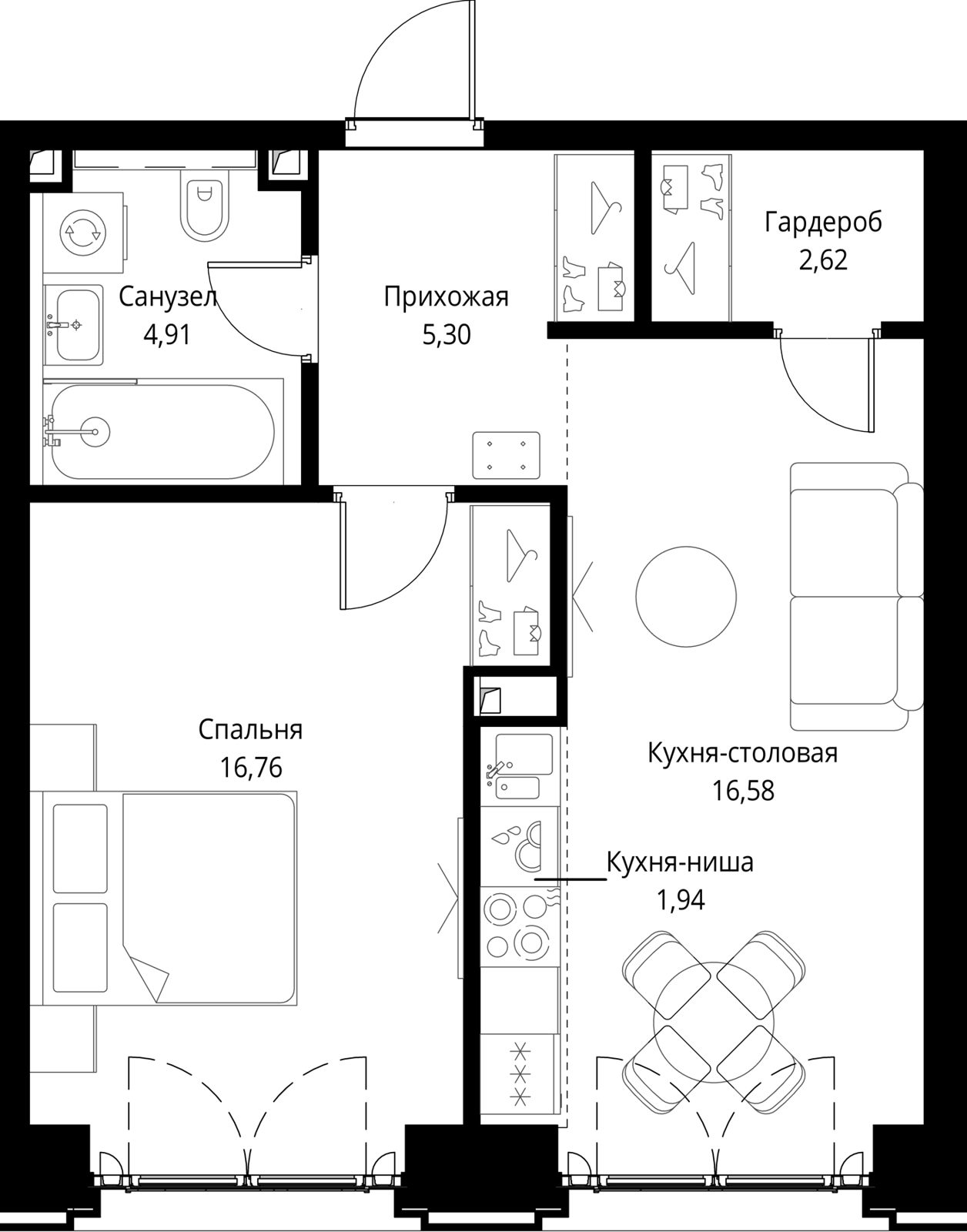 1-комнатная квартира, 48,1 м²