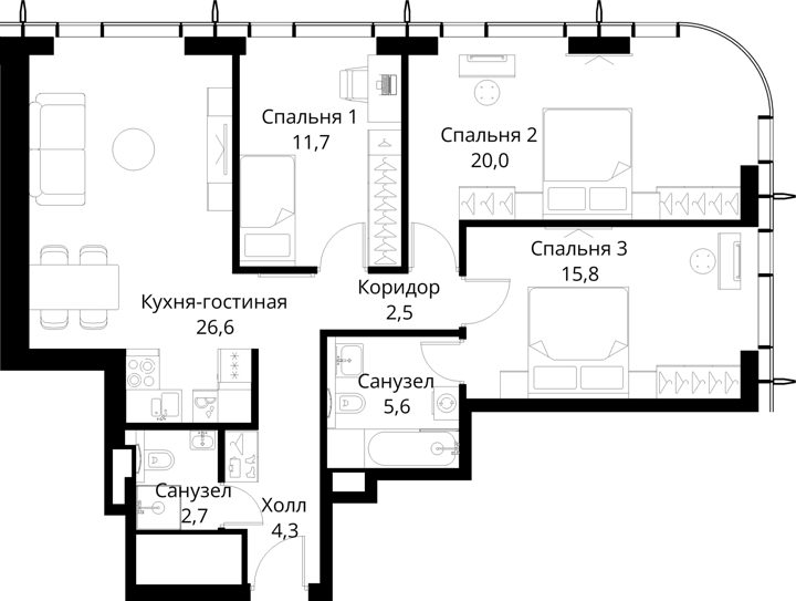 3-комнатная квартира, 89,2 м² — фото 1