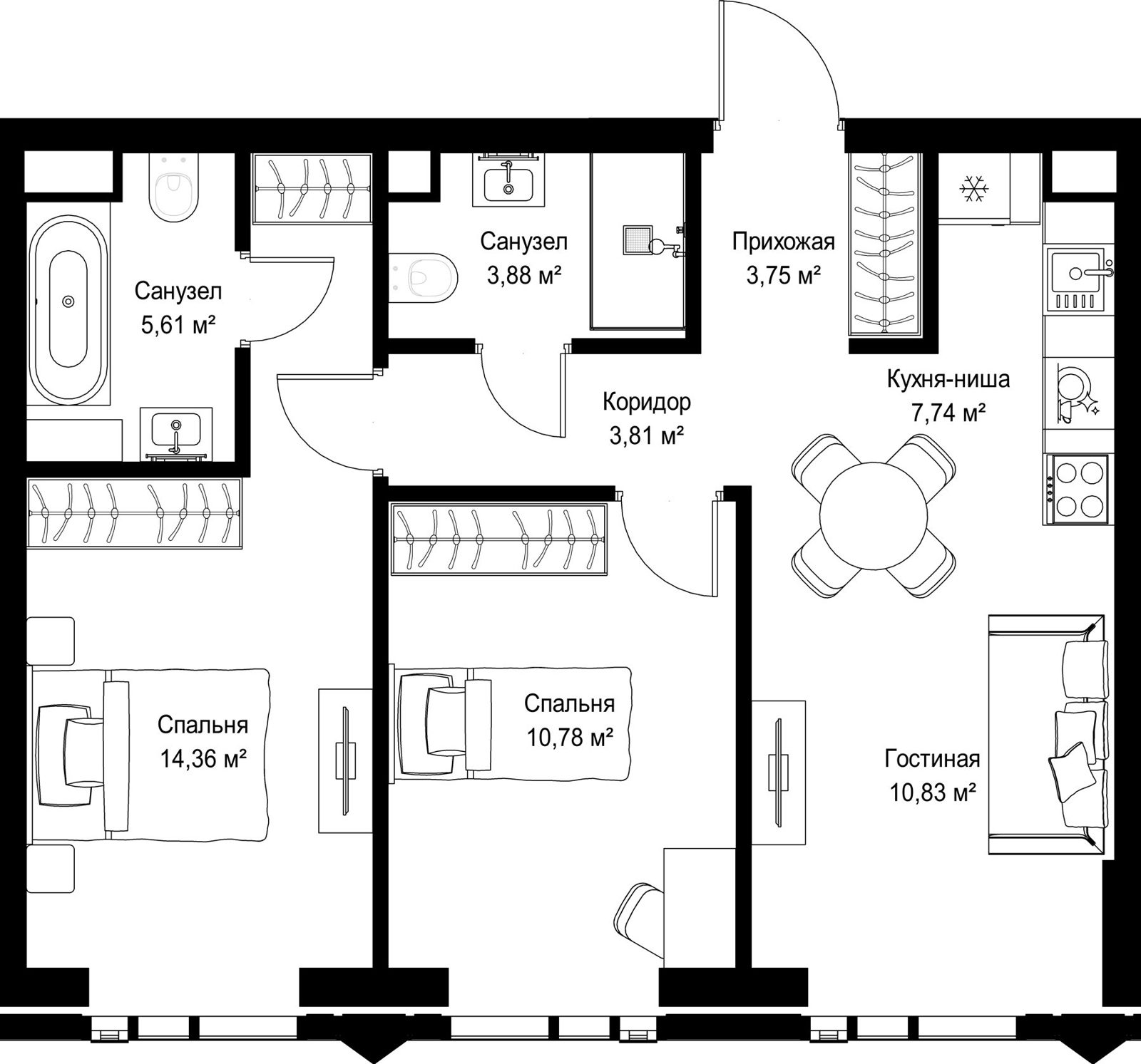 2-комнатная квартира, 60,8 м²