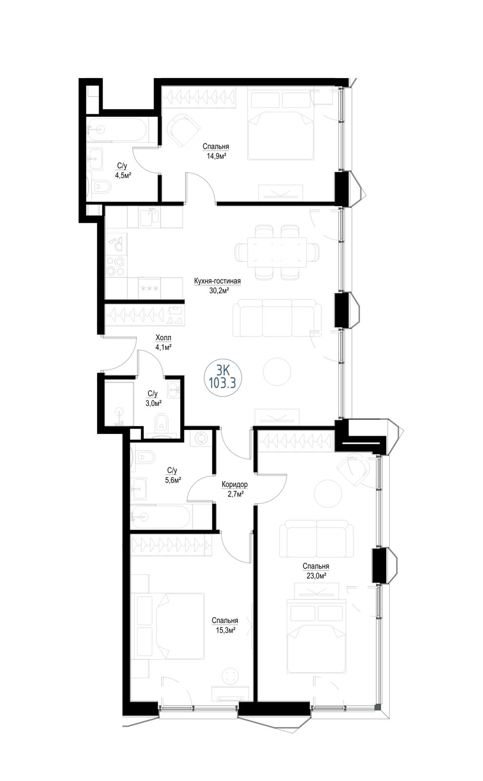 4-комнатная квартира, 101,5 м²