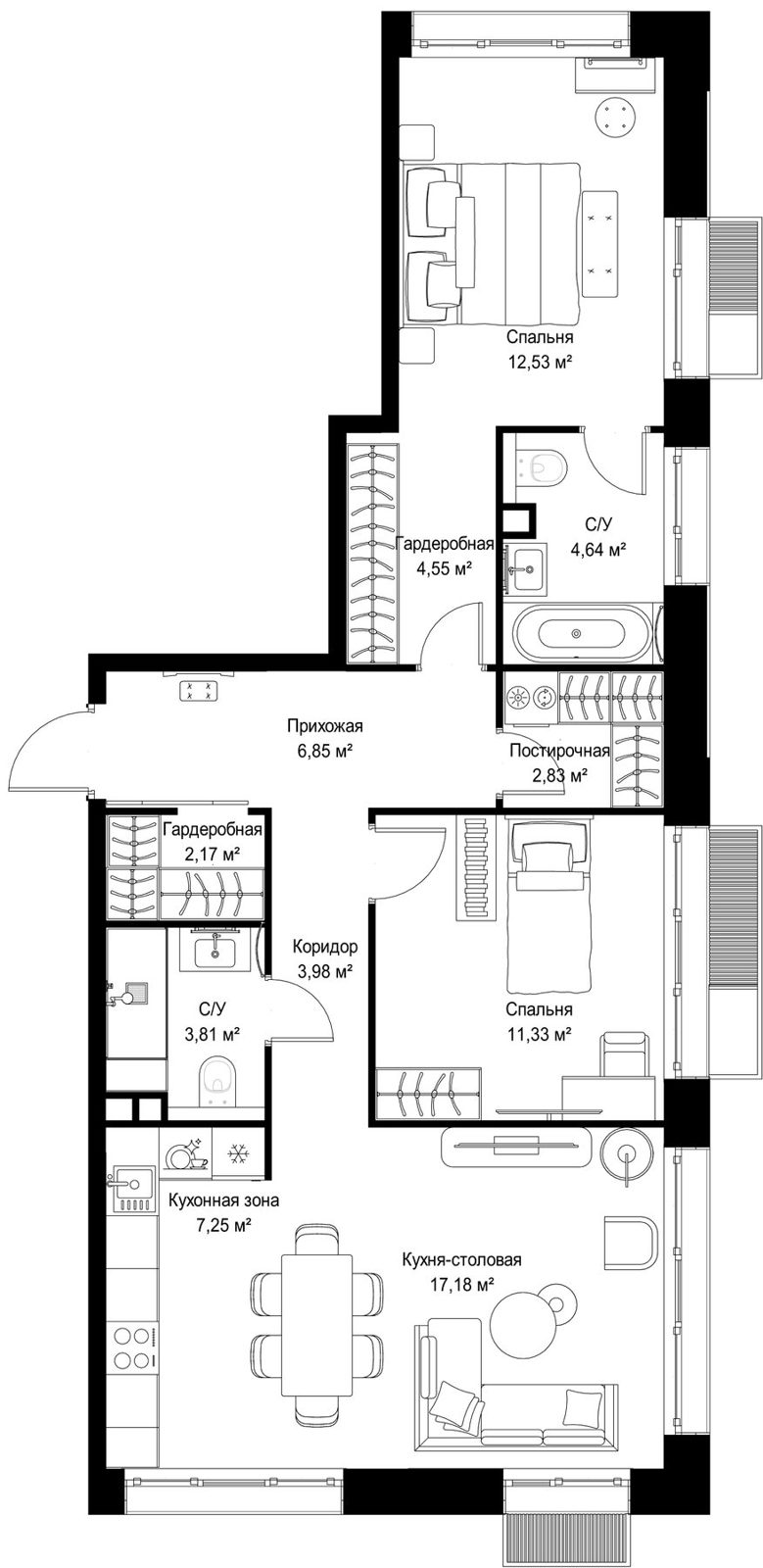 2-комнатная квартира, 77,1 м²