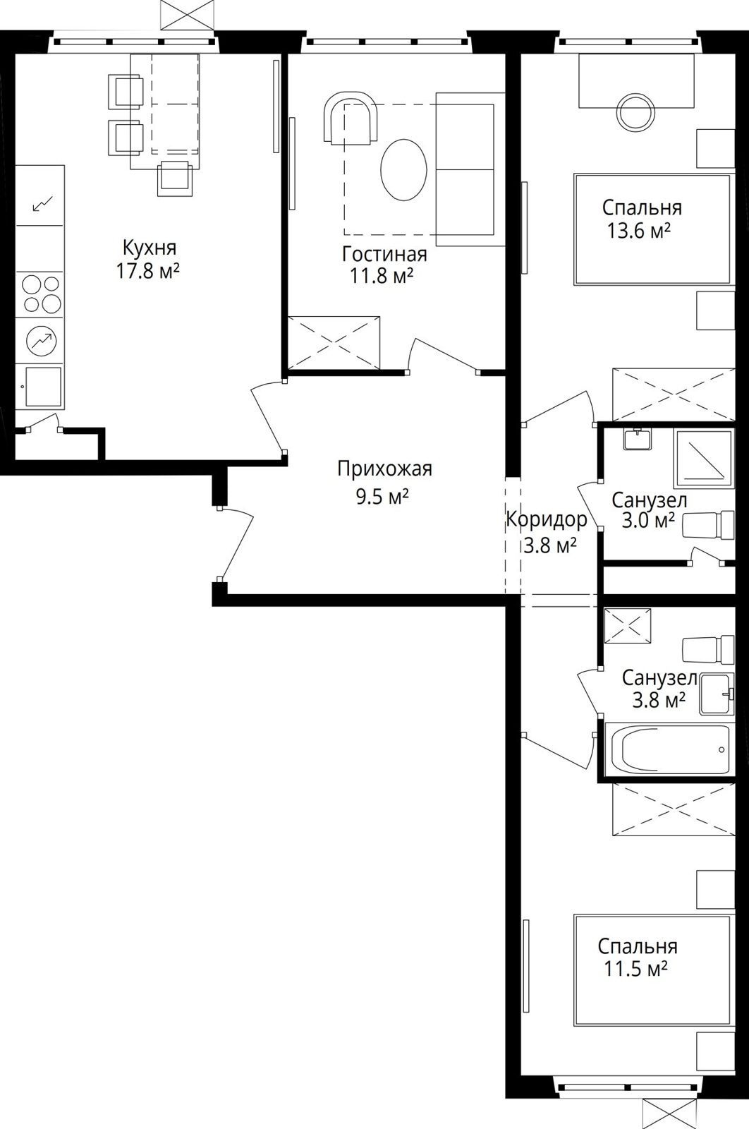 3-комнатная квартира, 74,8 м²