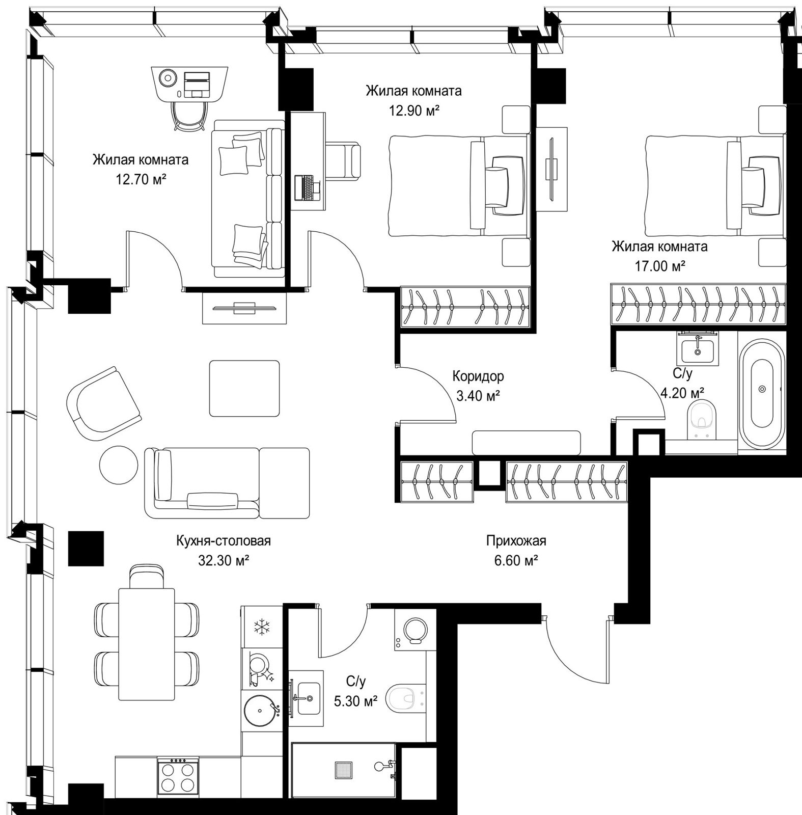 3-комнатная квартира, 94,4 м²