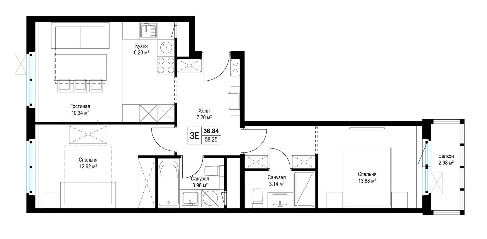 2-комнатная квартира, 58 м²